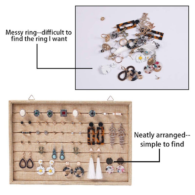 Coward Wall Mount Earring Holder Organizer,Ring Jewelry Tray for Drawer Stud Earring Storage Box(light yellow linen) - Image 5